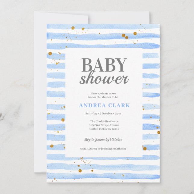 Blue Stripe Watercolor Baby Dusche Einladung (Vorderseite)