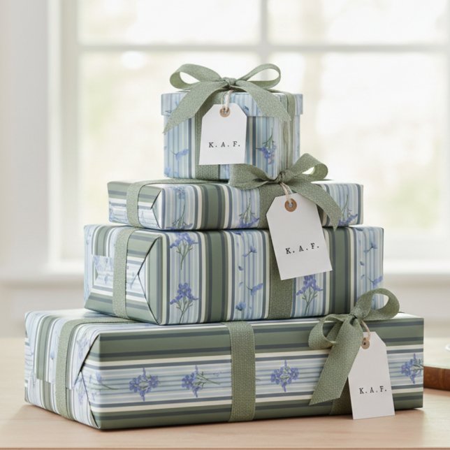 Blue Striped Floral Archive Personalized Wrapping  Geschenkpapier (Von Creator hochgeladen)