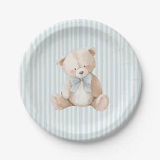 Blue Striped Teddy Bear Baby Birthday Paper Plates Pappteller