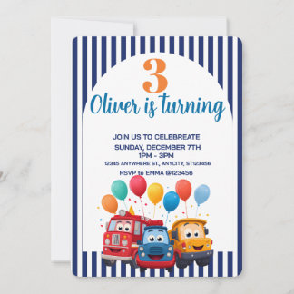 Blue Striped Truck Birthday Theme Invitation Einladung