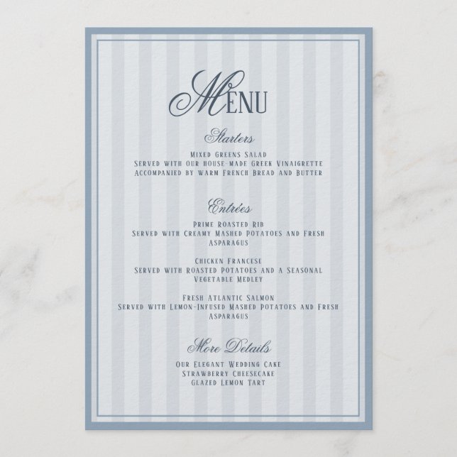 Blue Striped Wedding Menu  Card Einladung (Vorderseite)