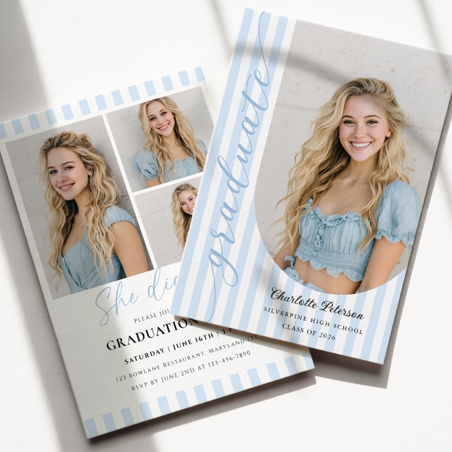 Blue Stripes Aesthetic Graduation Invitation Einladung (Von Creator hochgeladen)