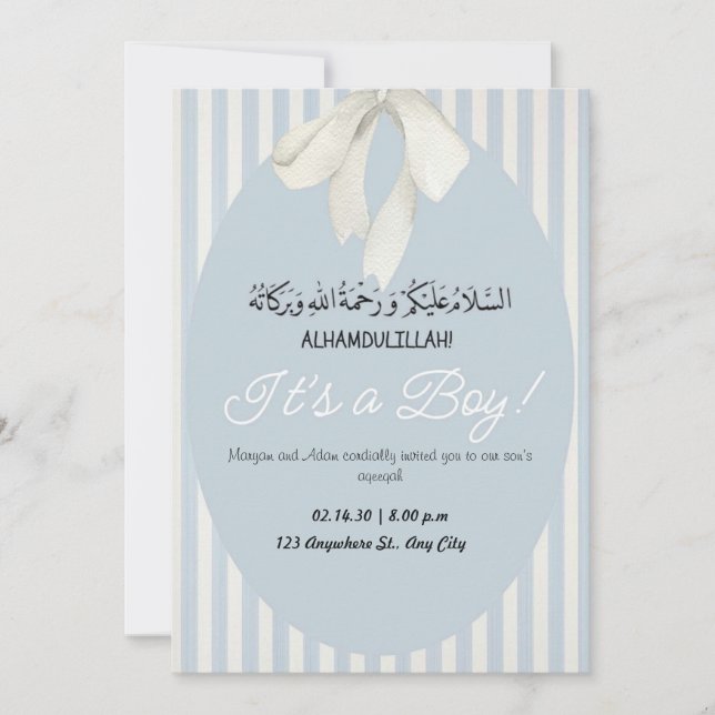 Blue Stripes Baby Boy Faire-part Aqiqah Invitation (Devant)