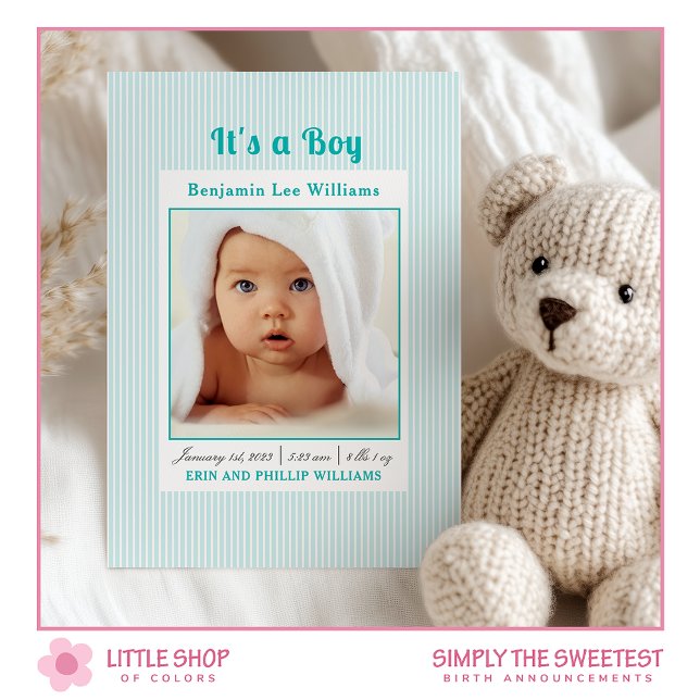 Blue Stripes Baby Boy Foto Geburtsankündigung Einladung (Von Creator hochgeladen)