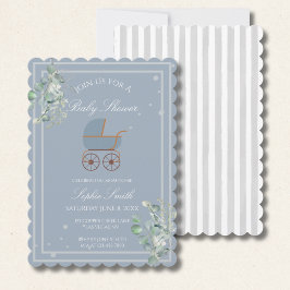 Blue Stripes Baby Carriage Baby Shower Scalloped Einladung