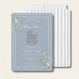 Blue Stripes Baby Carriage Eucalyptus Baby Shower  Einladung