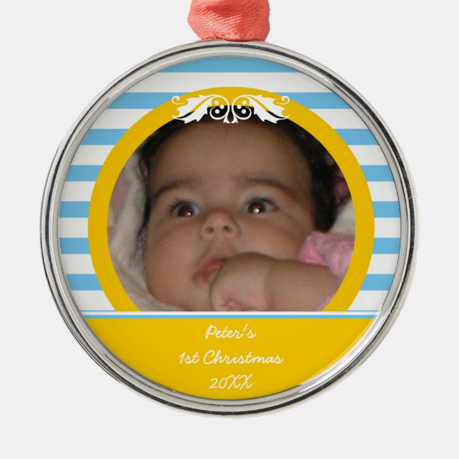 Blue stripes Baby's 1. Weihnachts-Foto Ornament (Vorne)