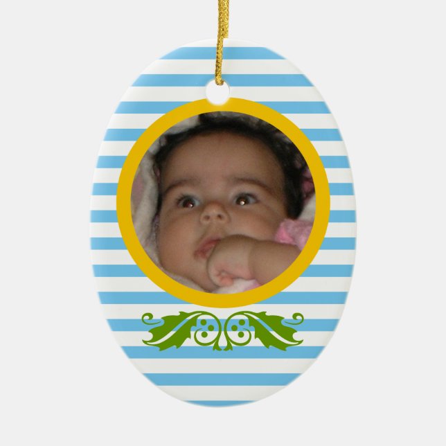 Blue stripes Baby's 1. Weihnachts-Foto Ornament (Vorne)
