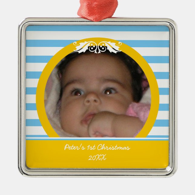 Blue stripes Baby's 1. Weihnachts-Foto Ornament (Vorne)