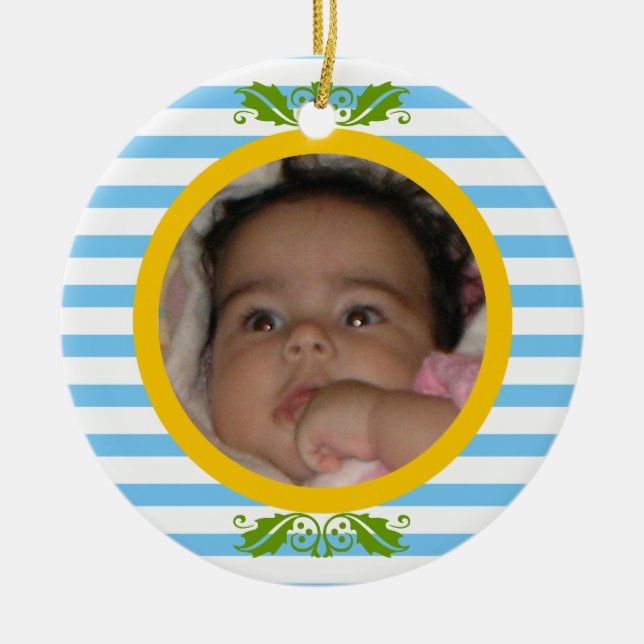 Blue stripes Baby's 1. Weihnachts-Foto Ornament (Vorne)
