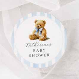 Blue Stripes Bear Baby Shower Runder Aufkleber