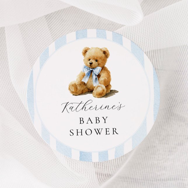 Blue Stripes Bear Baby Shower Runder Aufkleber (Von Creator hochgeladen)