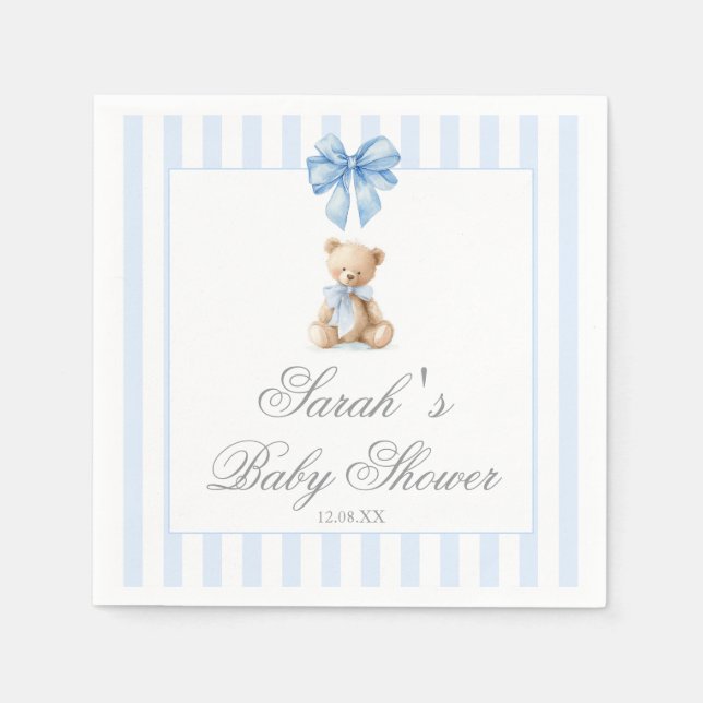 Blue Stripes Bear Baby Shower Serviette (Vorderseite)
