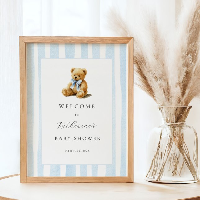 Blue Stripes Bear Baby Shower Welcome Poster (Von Creator hochgeladen)