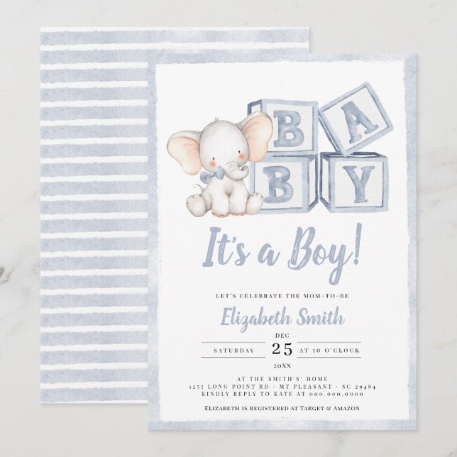 Blue Stripes Boy Elephant Peanut Baby Dusche Einladung (Vorne/Hinten)