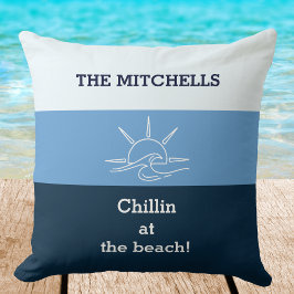 Blue Stripes Chillin Family Name Beach House Kissen
