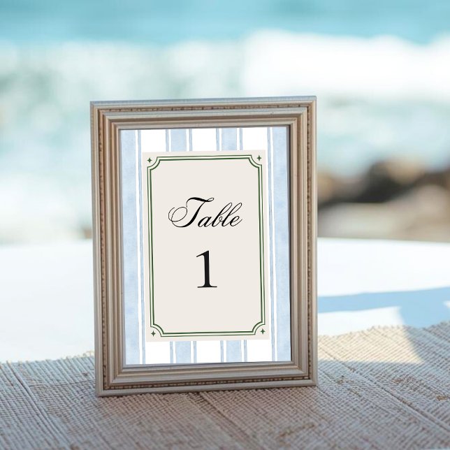 Blue Stripes Coastal Vintage Beach Retro Wedding Tischnummer (Von Creator hochgeladen)