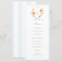 Blue Stripes & Floral Crest Spring Wedding Menu Menükarte