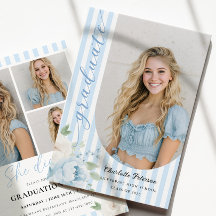 Blue Stripes Floral Graduation Invitation