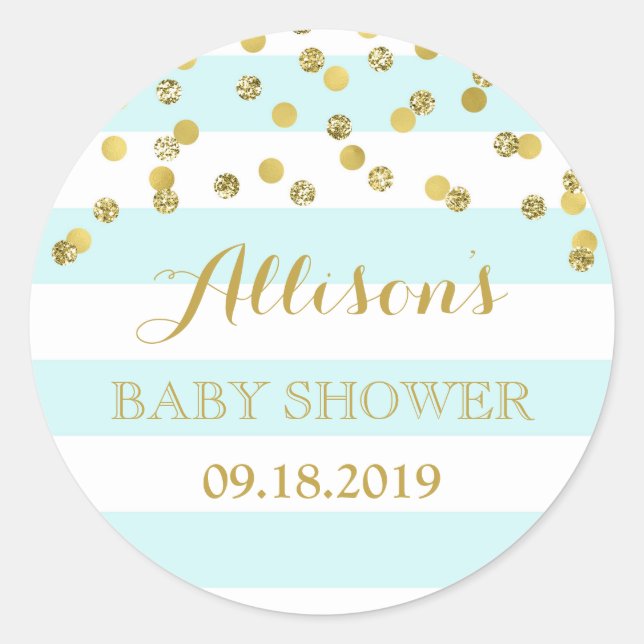 Blue Stripes Gold Confetti Baby Dusche Gefallen Ta Runder Aufkleber (Vorderseite)