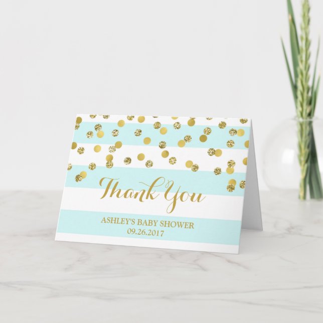 Blue Stripes Gold Confetti Baby Dusche Vielen Dank Dankeskarte (Vorderseite)