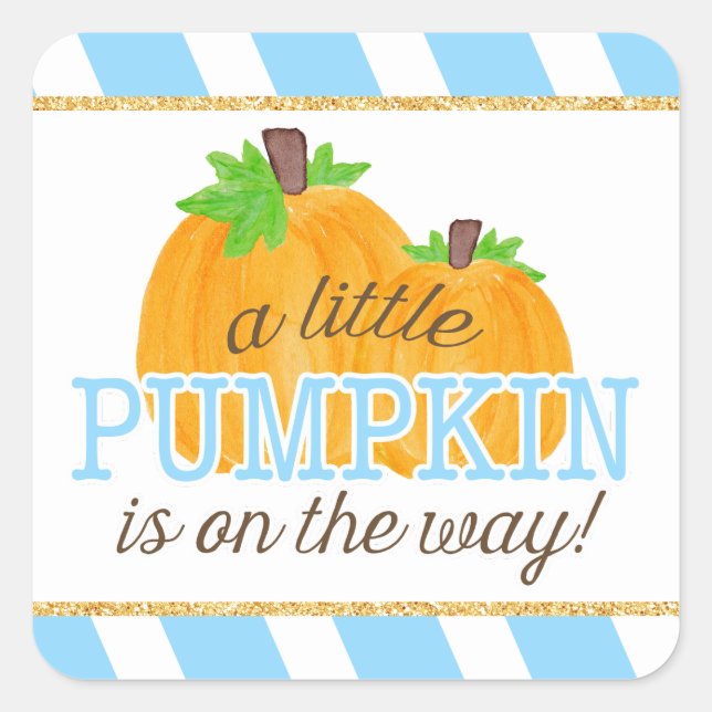 Blue Stripes Gold Little Pumpkin Fall Baby Dusche Quadratischer Aufkleber (Vorderseite)