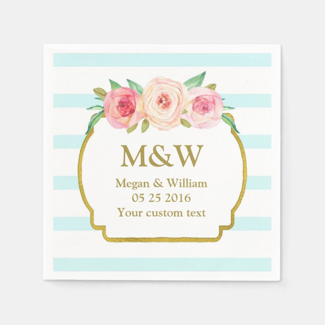 Blue Stripes Gold Pink Floral Wedding Napkins Serviette (Vorderseite)