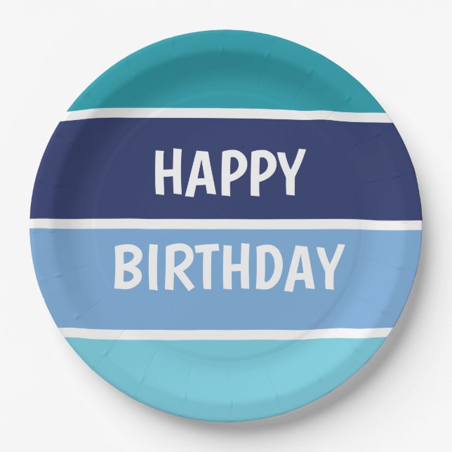 Blue Stripes Happy Birthday Pappteller (Vorderseite)