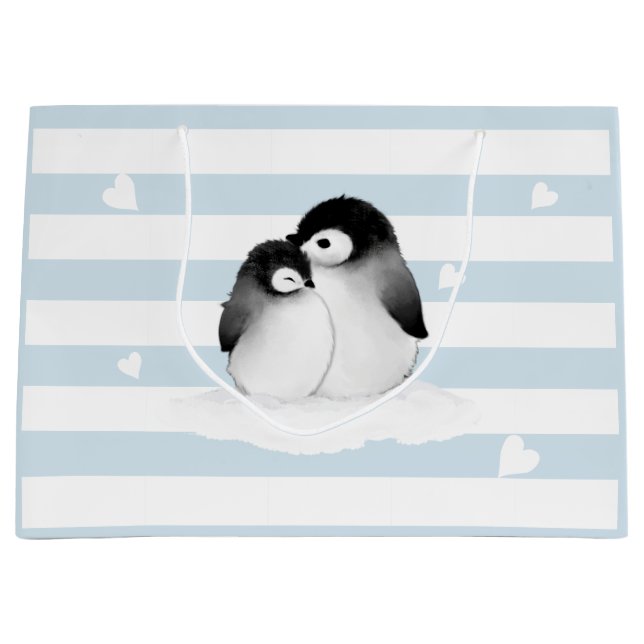 Blue Stripes Heart Grau Pinguine Geschenktasche Große Geschenktüte (Vorderseite)