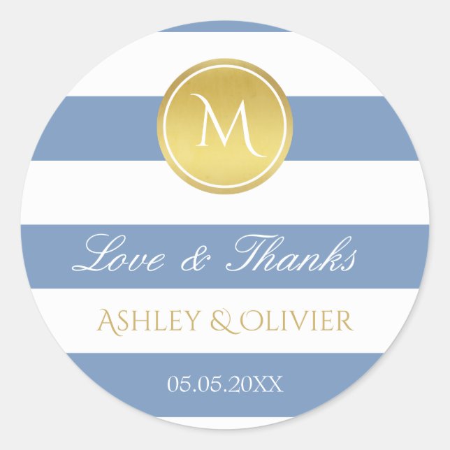 Blue Stripes & Imitate Gold Monogram Liebe & Danke Runder Aufkleber (Vorderseite)