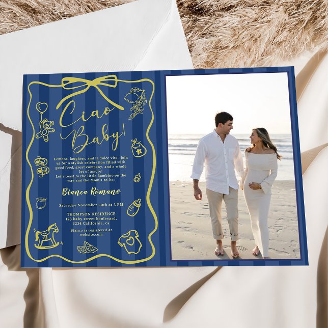 Blue Stripes Italian Themed Ciao Baby Foto Einladung (Von Creator hochgeladen)
