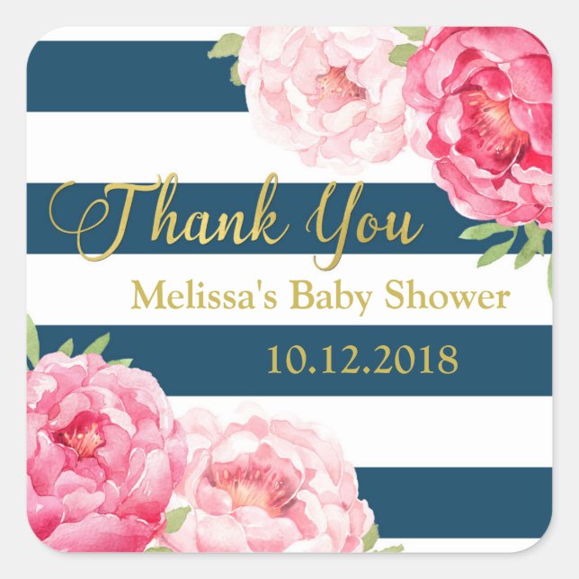 Blue Stripes Pink Floral Baby Dusche Danke Quadratischer Aufkleber (Vorderseite)