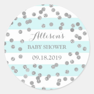 Blue Stripes Silver Confetti Baby Dusche Gefallen Runder Aufkleber