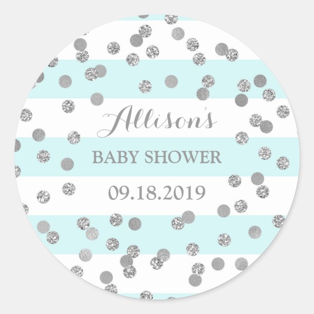 Blue Stripes Silver Confetti Baby Dusche Gefallen Runder Aufkleber (Vorderseite)