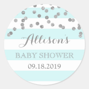Blue Stripes Silver Confetti Baby Dusche Gefallen Runder Aufkleber