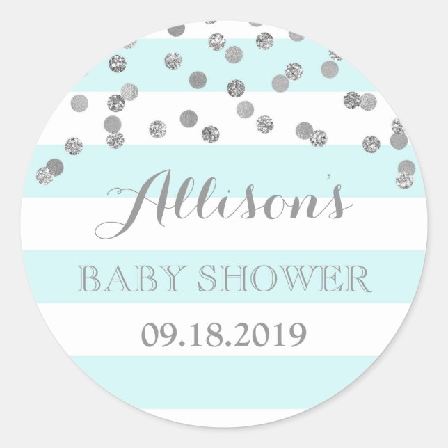 Blue Stripes Silver Confetti Baby Dusche Gefallen Runder Aufkleber (Vorderseite)