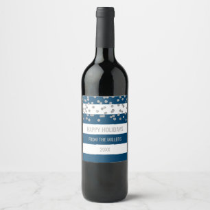 Blue Stripes Silver Confetti Custom Christmas Wein Weinetikett