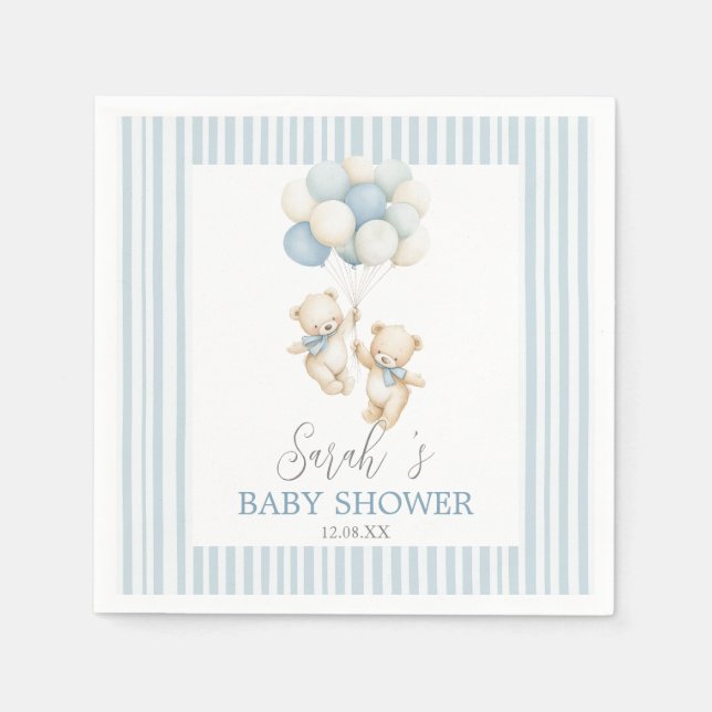 Blue Stripes Twin Bears Baby Shower Napkins Serviette (Vorderseite)