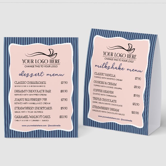 Blue Stripes Wavy Frame Restaurant Café Menu Tischaufsteller (Vorder-/Rückseite)