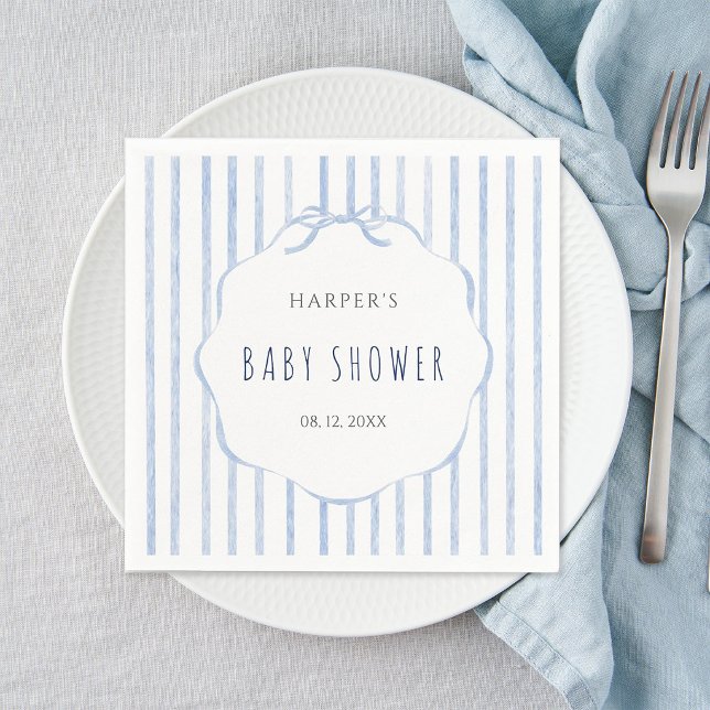 Blue Stripes with Scalloped Frame Boy Baby Shower Serviette (Von Creator hochgeladen)