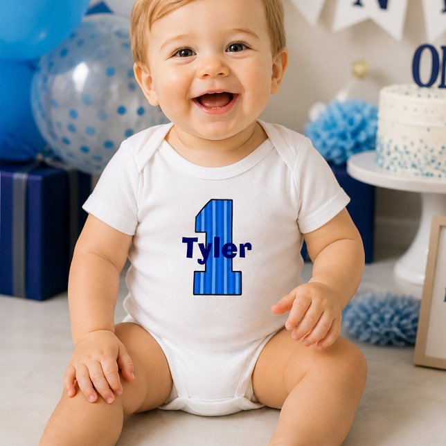 Blue Striping First Birthday Boy Shirt (Blue Striped First Birthday Boy Baby Bodysuit)