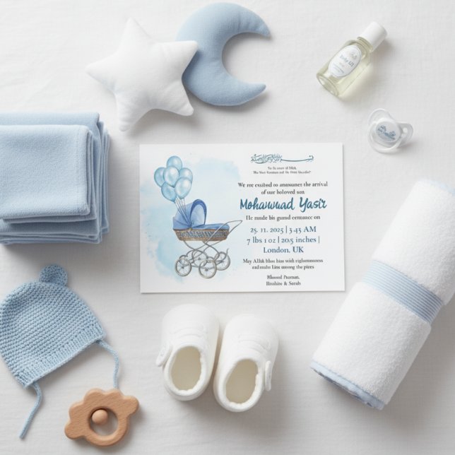 Blue stroller balloon muslim baby boy birth invita einladung (Von Creator hochgeladen)