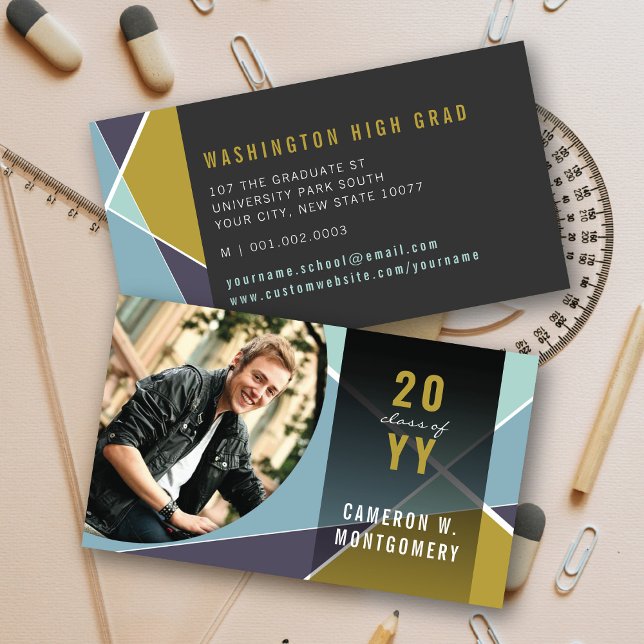 Blue Stylish Geometric Lines Mod Foto Graduate Telefonnummerkarte (Blue Stylish Geometric Criss Cross Photo Graduation Calling / Name Card @ zazzle.com/color_therapy)