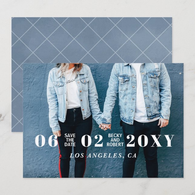 Blue Stylish Simple Modern Typografy Foto Save The Date (Vorne/Hinten)