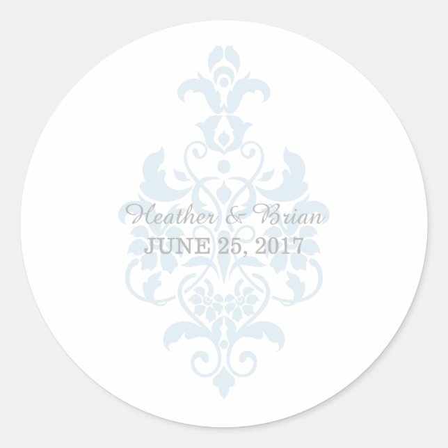 Blue Subtle Damask Hochzeitskleber Runder Aufkleber (Vorderseite)