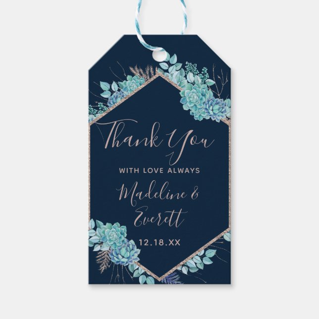 Blue Succulents & Rose Gold Wedding Vielen Dank Geschenkanhänger (Vorderseite)