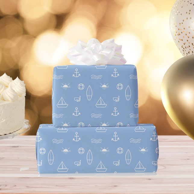 Blue Summer Ocean Line Kunst Nahtloses Muster Geschenkpapier (In situ)