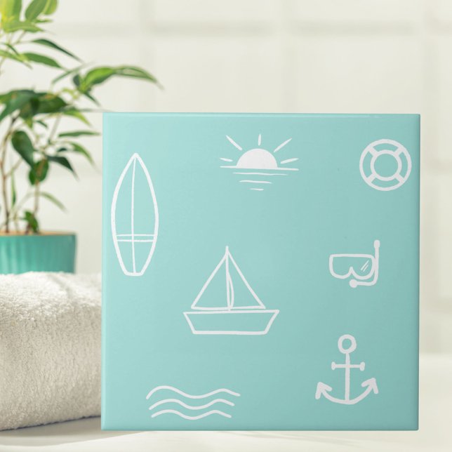 Blue Summer Ocean Seamless Pattern Kinder Bad Fliese (Close up)