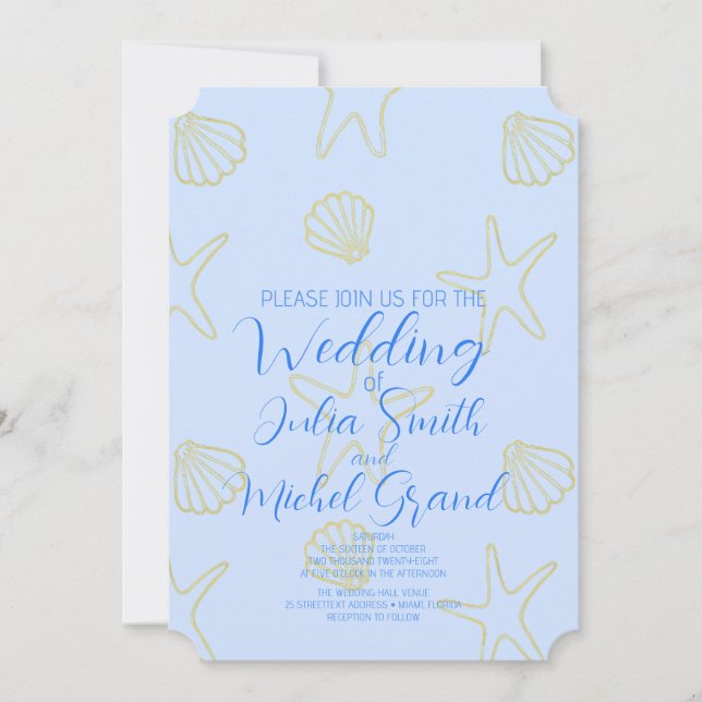 Blue Summer Sea Muschel und Star Beach Wedding Einladung (Vorderseite)