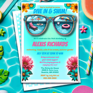 Blue Summer Splash Birthday Pool Party Einladung